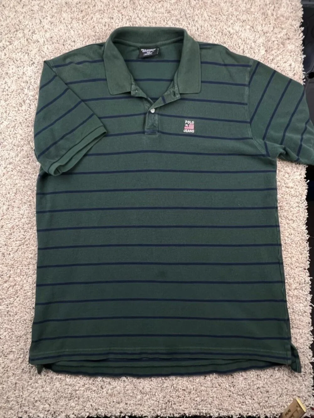 Ralph Lauren Polo Jeans Green Blue Striped Mens Short Sleeve Polo Shirt Size XL